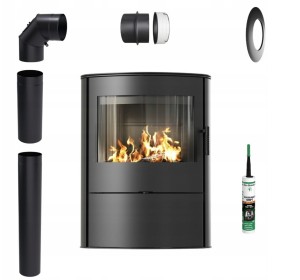 Zestaw 2: Piec wolnostojący Koza Rollo 2 z czarnym termotec z wylotem spalin fi 150 + dolot, moc 8kW  + akcesoria
