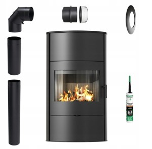Zestaw 1: Piec wolnostojący Koza Rollo 2 Wysoki z czarnym termotec z wylotem spalin fi 150 + dolot, moc 8kW  + akcesoria