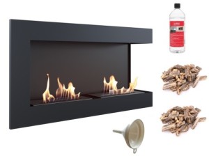 biokominek narożny DELTA  prawa 900x280 czarny z certyfikatem TÜV + brązowe kamyki