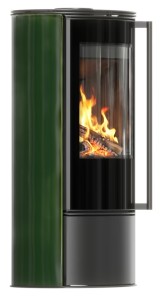 Piec wolnostojący Erik kafel zielony z czarnym termotec z wylotem spalin fi 150 + dolot, moc 5,5kW
