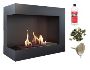 biokominek narożny DELTA  lewa 600x280 czarny z certyfikatem TÜV + zielone kamyki