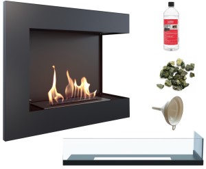 biokominek narożny DELTA  prawa 600 czarny z szybą z certyfikatem TÜV + kamyki zielone