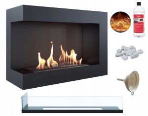 biokominek narożny DELTA  lewa 700 czarny z szybą z certyfikatem TÜV + efekt żarzenia