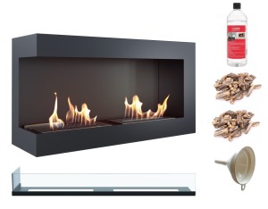 biokominek narożny DELTA  lewa 900 czarny z szybą z certyfikatem TÜV + kamyki brązowe