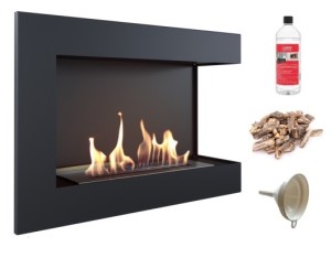 biokominek narożny DELTA  prawa 700x280 czarny z certyfikatem TÜV + brązowe kamyki