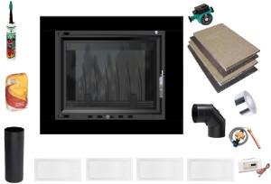 Kominek - zestaw - wkład z płaszczem wodnym EKO 8 kw z ramą granitową Akwen czarną + akcesoria montażowe