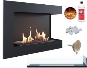 biokominek narożny DELTA  prawa 700 czarny z szybą z certyfikatem TÜV + efekt żarzenia