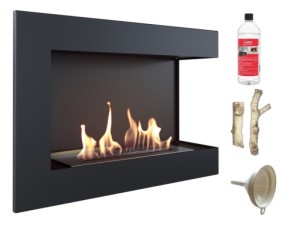 biokominek narożny DELTA  prawa 700x280 czarny z certyfikatem TÜV + drewienka ceramiczne
