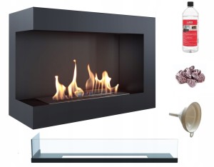 biokominek narożny DELTA  lewa 700 czarny z szybą z certyfikatem TÜV + kamyki czerwone