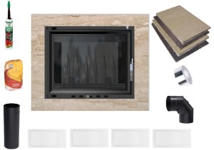 Kominek - zestaw: wkład kominkowy EKO 8 kw + rama marmurowa Akwen beżowa + akcesoria montażowe 