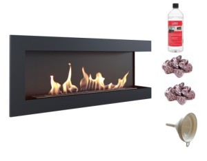 biokominek narożny DELTA prawa 1200x280 czarny z certyfikatem TÜV + czerwone kamyki