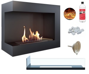 biokominek narożny DELTA  lewa 600 czarny z szybą z certyfikatem TÜV + efekt żarzenia