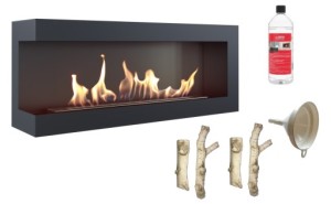 biokominek narożny DELTA  lewa 1200x280 czarny z certyfikatem TÜV + drewienka ceramiczne