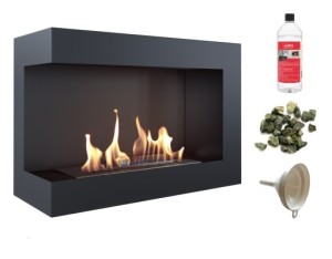 biokominek narożny DELTA  lewa 700x280 czarny z certyfikatem TÜV + zielone kamyki