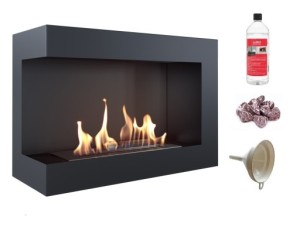 biokominek narożny DELTA  lewa 700x280 czarny z certyfikatem TÜV + czerwone kamyki