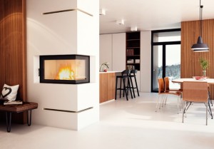 Kominek z boczną szybą i ramką z białego kamienia "BIAŁY KOMINEK" z wkładem EKO 14 kw z montażem Kraków