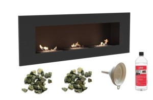 biokominek DELTA 3 czarny 1200x400 z 3 biowkładkami z certyfikatem TÜV + zielone kamyki