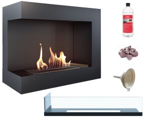 biokominek narożny DELTA  lewa 600 czarny z szybą z certyfikatem TÜV + kamyki czerwone