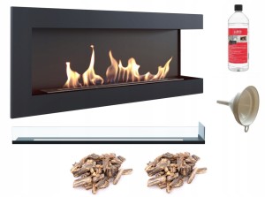 biokominek narożny DELTA prawa 1200 czarny z szybą z certyfikatem TÜV + kamyki brązowe