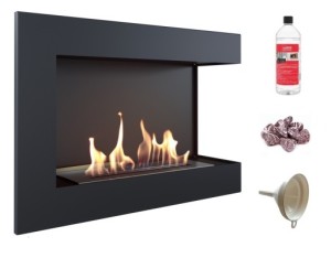 biokominek narożny DELTA  prawa 700x280 czarny z z certyfikatem TÜV + czerwone kamyki