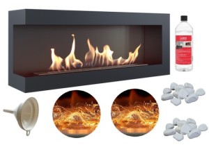 biokominek narożny DELTA  lewa 1200x280 czarny z certyfikatem TÜV + efekt żarzenia