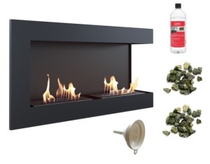 biokominek narożny DELTA  prawa 900x280 czarny z certyfikatem TÜV + zielone kamyki