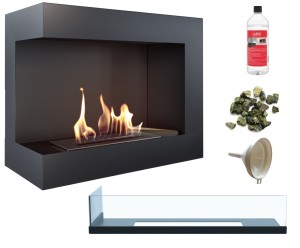 biokominek narożny DELTA  lewa 600 czarny z szybą z certyfikatem TÜV + kamyki zielone