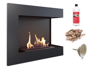 biokominek narożny DELTA  prawa 600x280 czarny z certyfikatem TÜV + brązowe kamyki