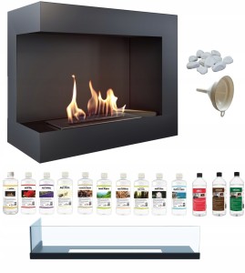 biokominek narożny DELTA  lewa 600 czarny z szybą z certyfikatem TÜV + zestaw biopaliw