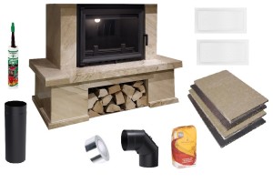 Kominek marmurowy beżowy - zestaw: wkład kominkowy EKO 8 kw + obudowa Selena prosta  / narożna + akcesoria montażowe