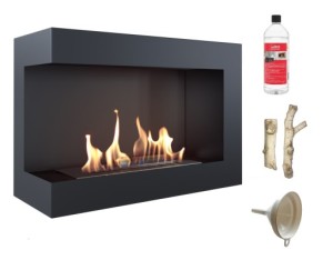 biokominek narożny DELTA  lewa 600x280 czarny z certyfikatem TÜV + drewienka ceramiczne