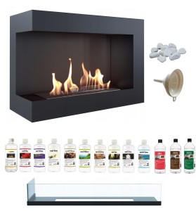 biokominek narożny DELTA  lewa 700 czarny z szybą z certyfikatem TÜV + zestaw biopaliw 