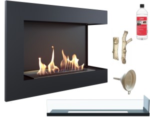 biokominek narożny DELTA  prawa 700 czarny z szybą z certyfikatem TÜV + drewienka ceramiczne