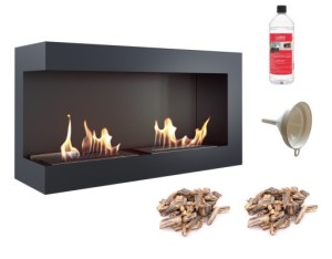 biokominek narożny DELTA  lewa 900x280 czarny z certyfikatem TÜV  + brązowe kamyki