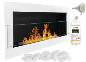 biokominek TUV 900x400 z szybą biały połysk