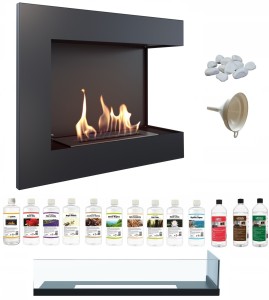 biokominek narożny DELTA  prawa 600 czarny z szybą z certyfikatem TÜV + zestaw biopaliw