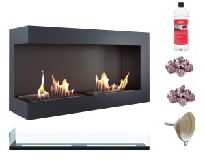 biokominek narożny DELTA  lewa 900 czarny z szybą z certyfikatem TÜV + kamyki czerwone