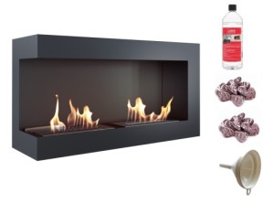 biokominek narożny DELTA  lewa 900x280 czarny z certyfikatem TÜV + czerwone kamyki