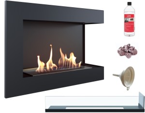 biokominek narożny DELTA  prawa 700 czarny z szybą z certyfikatem TÜV + kamyki czerwone