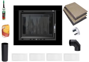 Kominek - zestaw: wkład kominkowy 10 kw + rama granitowa Akwen czarna + akcesoria montażowe 