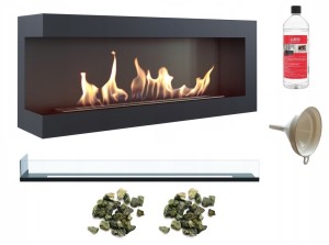 biokominek narożny DELTA  lewa 1200 czarny z szybą z certyfikatem TÜV  + kamyki zielone