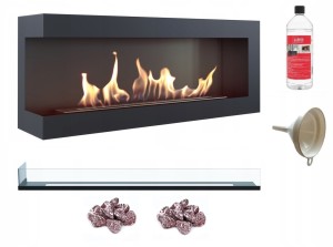 biokominek narożny DELTA  lewa 1200 czarny z szybą z certyfikatem TÜV  + kamyki czerwone