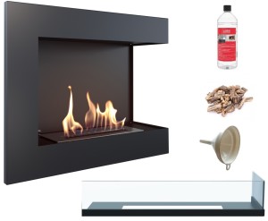 biokominek narożny DELTA  prawa 600 czarny z szybą z certyfikatem TÜV + kamyki brązowe