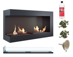 biokominek narożny DELTA  lewa 900 czarny z szybą z certyfikatem TÜV + kamyki zielone