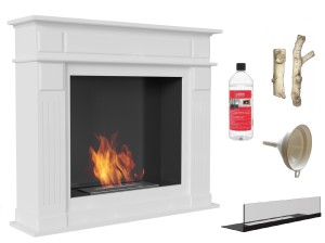 biokominek  NOVEMBER biały z certyfikatem TÜV z szybą + drewienka ceramiczne